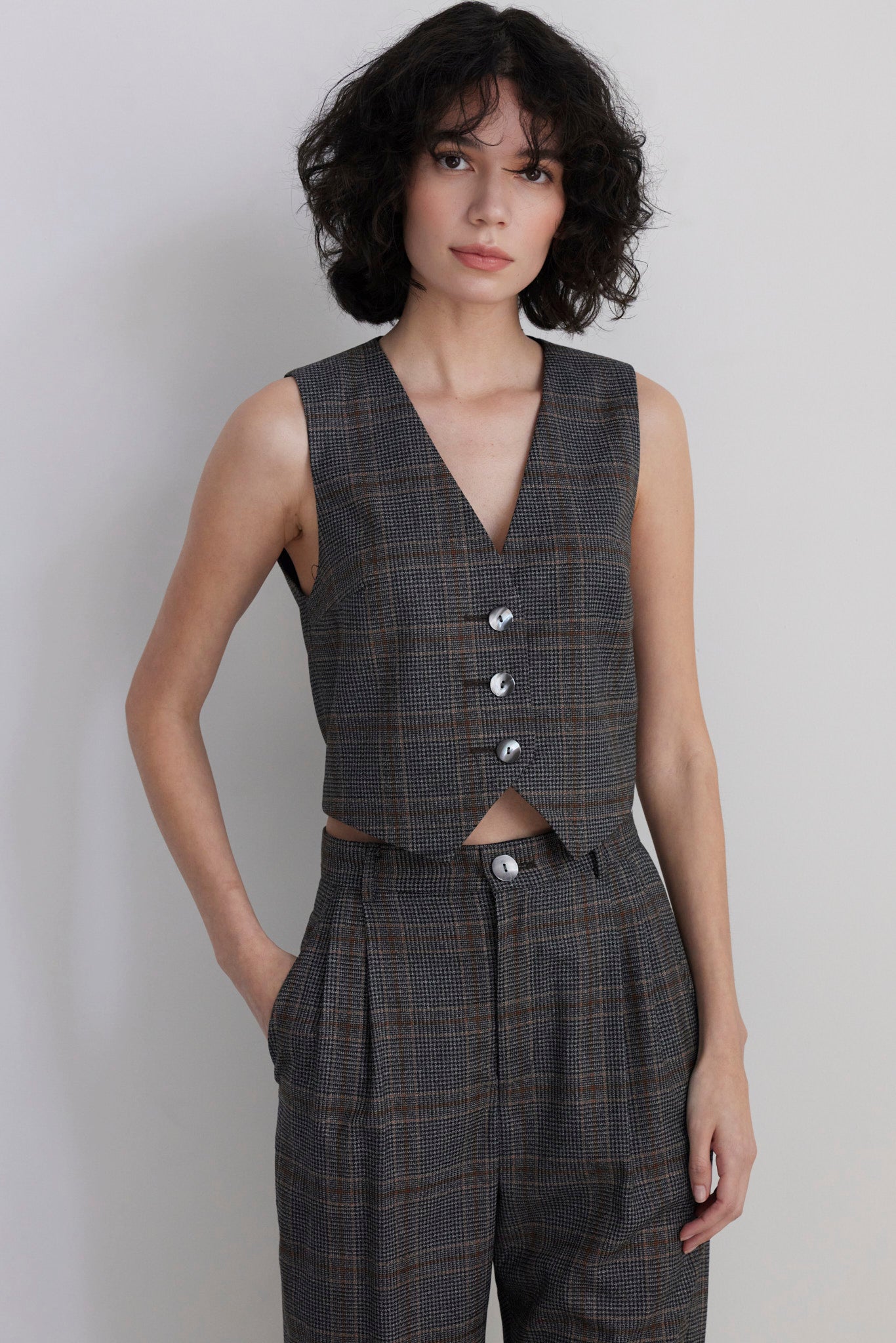 Diane Tailored V Neck Vest in Wool - Autumn Plaid – CHRISTINE ALCALAY