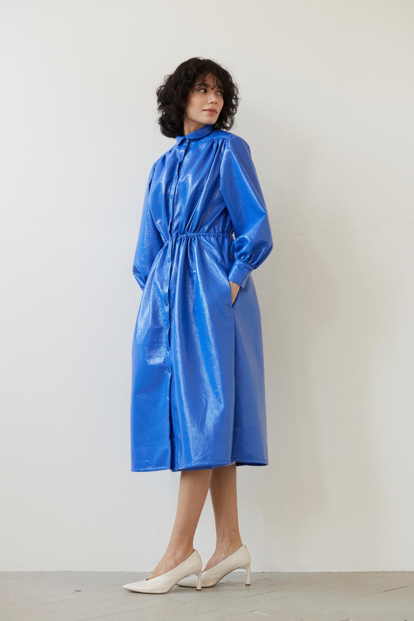Georgia Dress in Gloss Pleatherette, Electric Blue / M/L