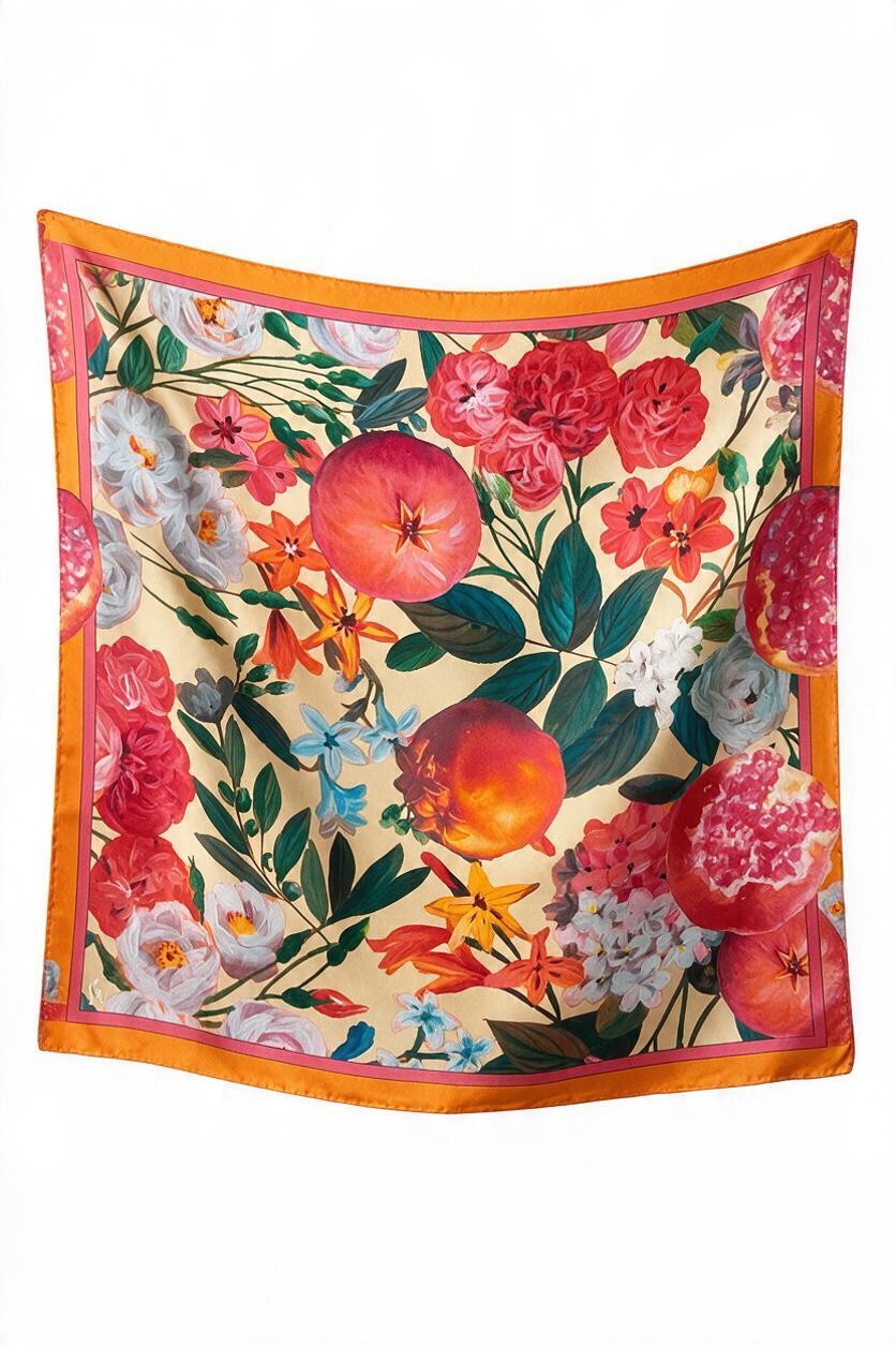 Silk Foulard: Pomegranate and Rose Print Silk Scarf CHRISTINE ALCALAY