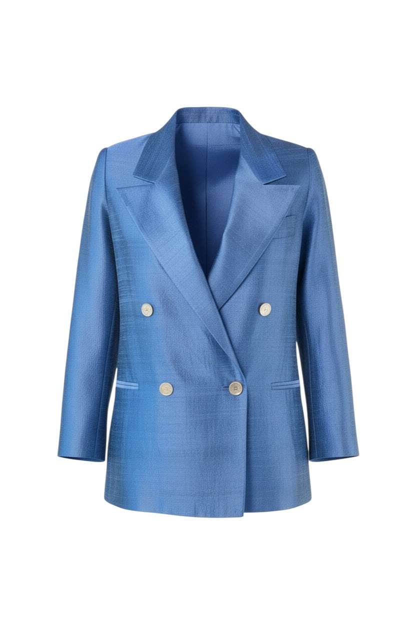 CHRISTINE ALCALAY blue silk dupioni double-breasted blazer with mother of pearl buttons and shoulder pads.