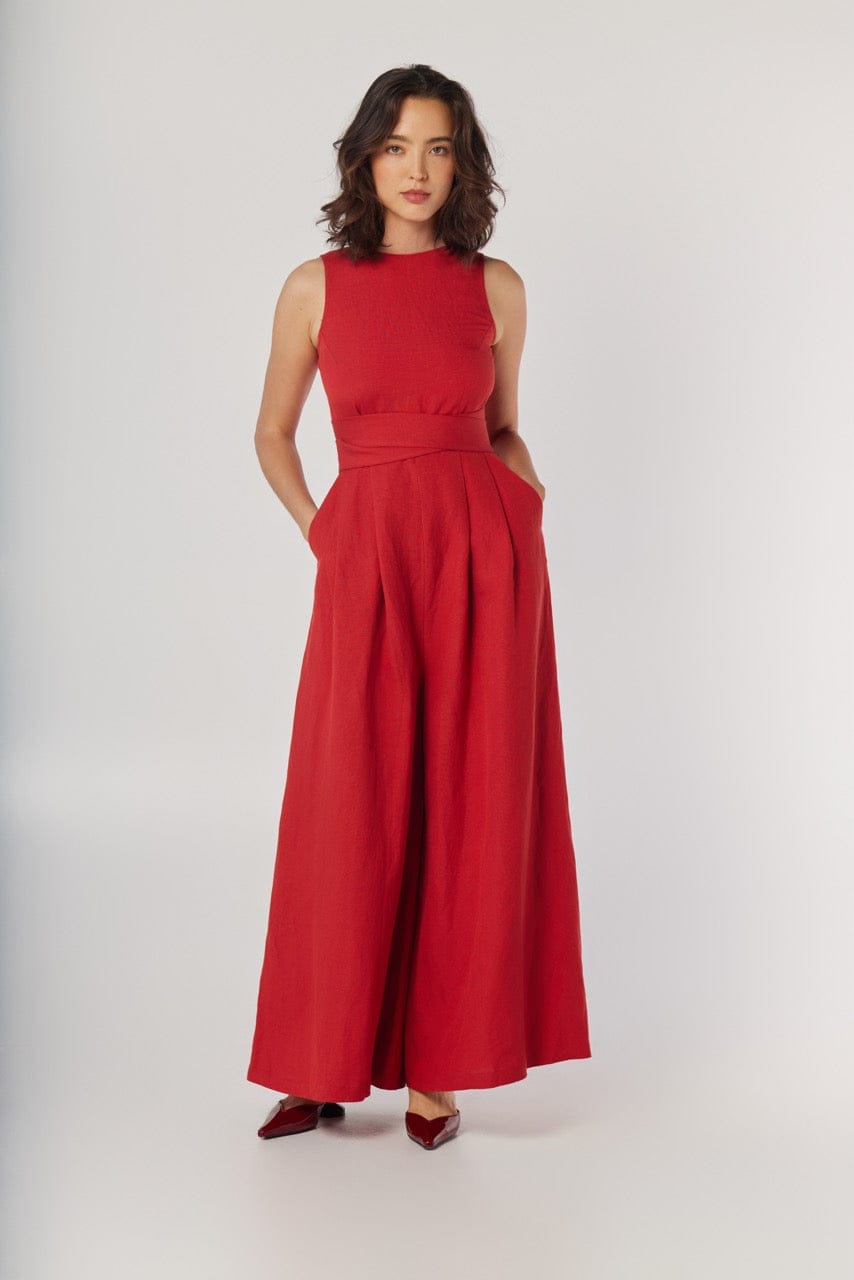 linen blend jumpsuit dress Stripe A Pose Linen-Blend Jumpsuit in Iced Latte