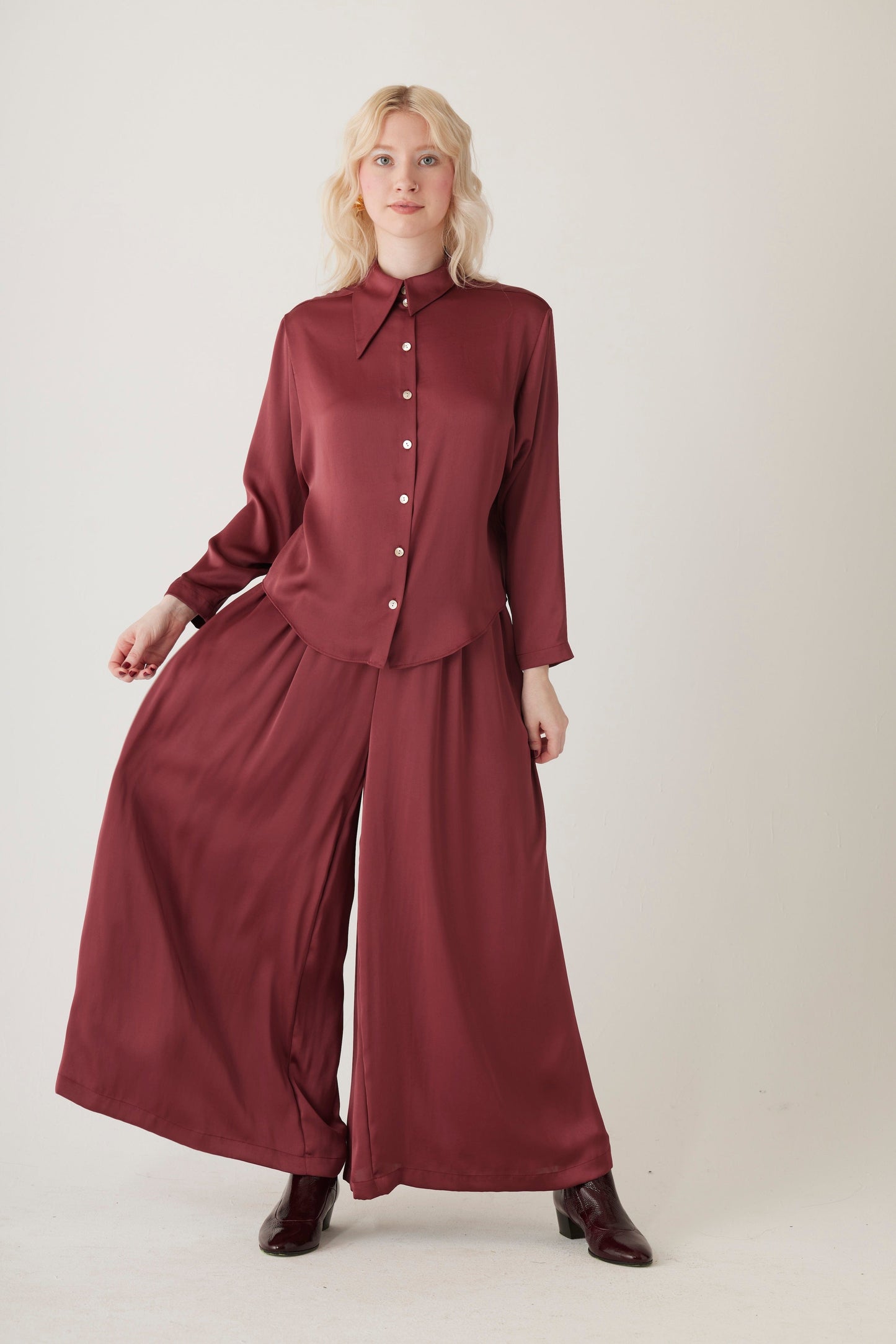 Gretchen Pant in Japanese Charmeuse - Wine Red Pants CHRISTINE ALCALAY