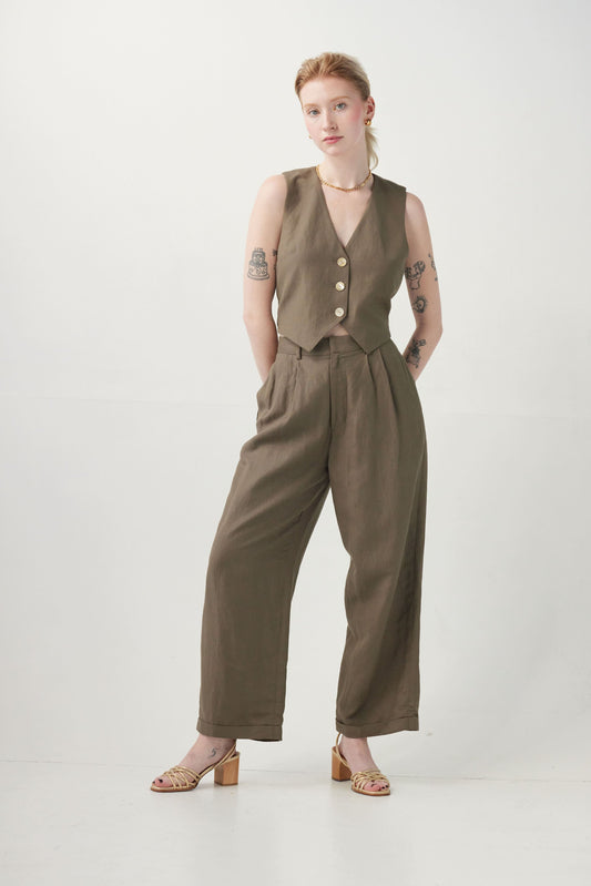 Charlie Pant in Linen Blend Pants CHRISTINE ALCALAY Olive 00 