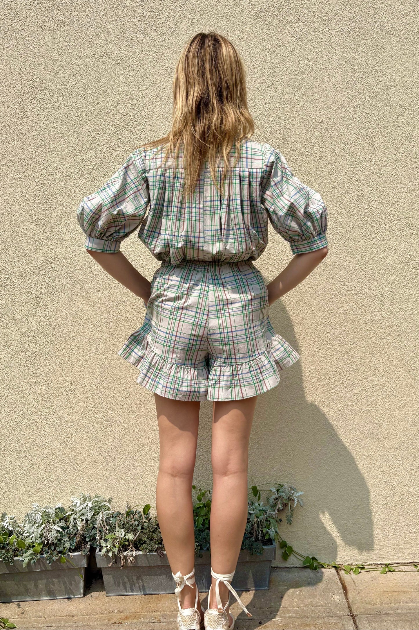 Una Shorts in Oyster Plaid Cotton Shorts CHRISTINE ALCALAY