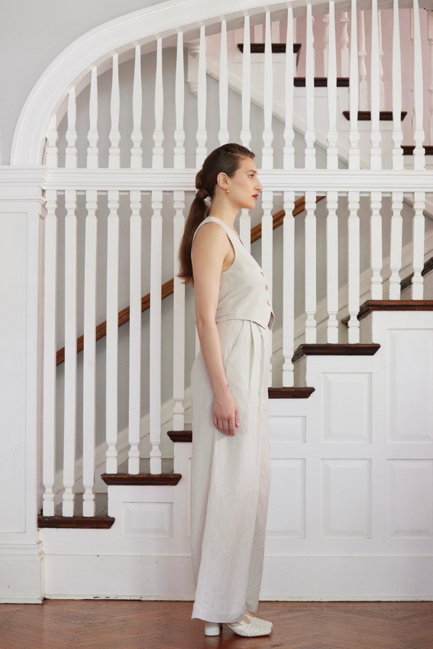 Diane Tailored V Neck Vest in Linen - Oat Vests CHRISTINE ALCALAY