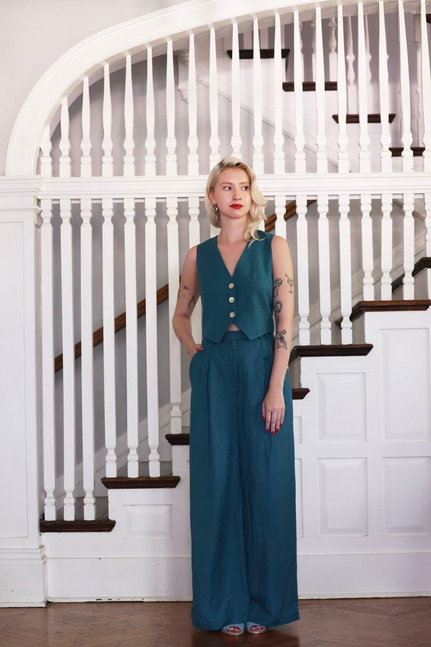 Diane Tailored V Neck Vest in Linen - Oat Vests CHRISTINE ALCALAY