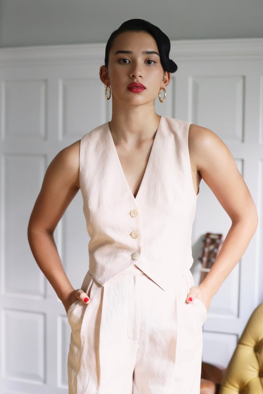 Diane Tailored V Neck Vest in Linen - Oat Vests CHRISTINE ALCALAY