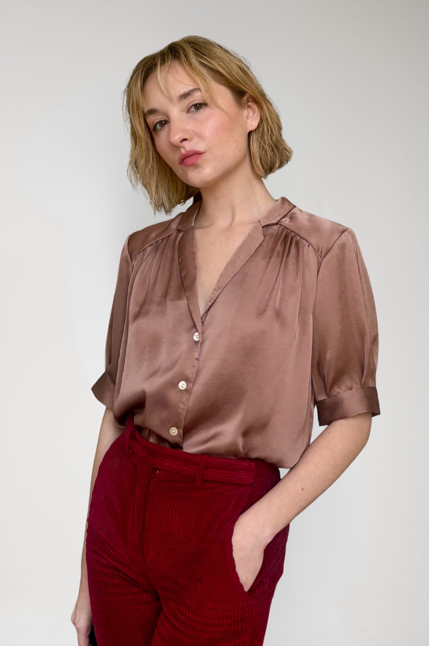 Katherine Blouse in Japanese Charmeuse - Biscotti Brown Tops CHRISTINE ALCALAY