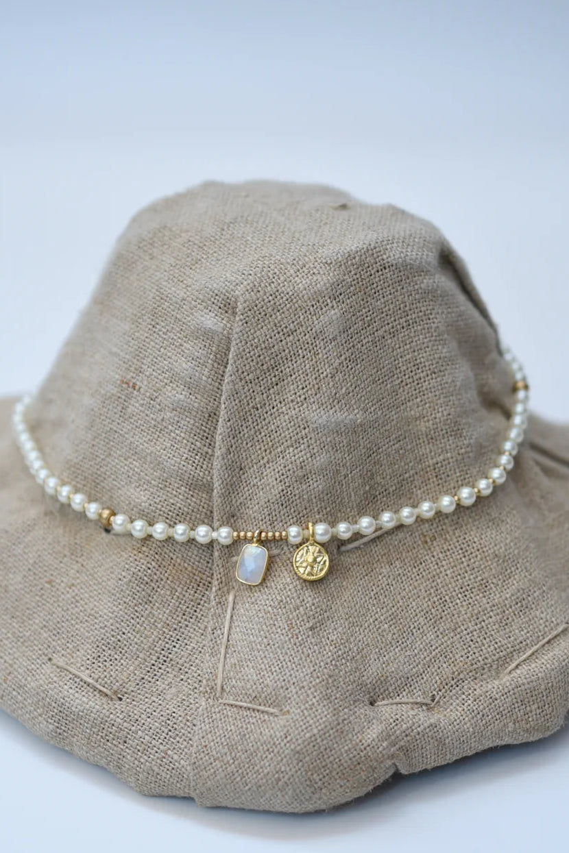 Moon Stone Charm and Pearl Necklace Jewelry Monshiro