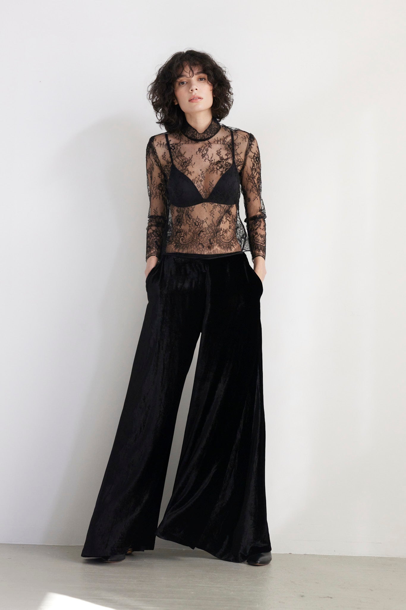 SAMPLE FW26 - Angela Palazzo Pant in Silk Velvet - Black Samples CHRISTINE ALCALAY