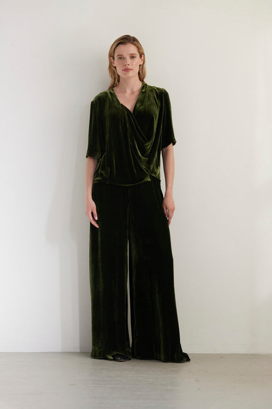 SAMPLE FW26 - Angela Palazzo Pant in Silk Velvet - Verdant Green Samples CHRISTINE ALCALAY Verdant Green 2