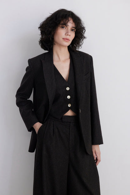 SAMPLE FW26 - Bianca Peak Lapel Blazer in Wool - Dark Chocolate Pinstripe Wool Samples CHRISTINE ALCALAY Dark Chocolate Pinstripe 2
