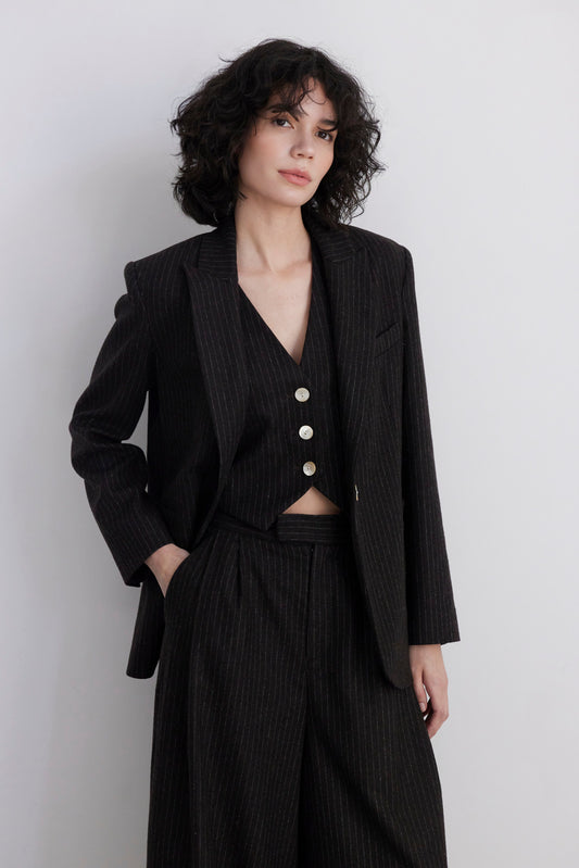 SAMPLE FW26 - Bianca Peak Lapel Blazer in Wool - Dark Chocolate Pinstripe Wool Samples CHRISTINE ALCALAY Dark Chocolate Pinstripe 2