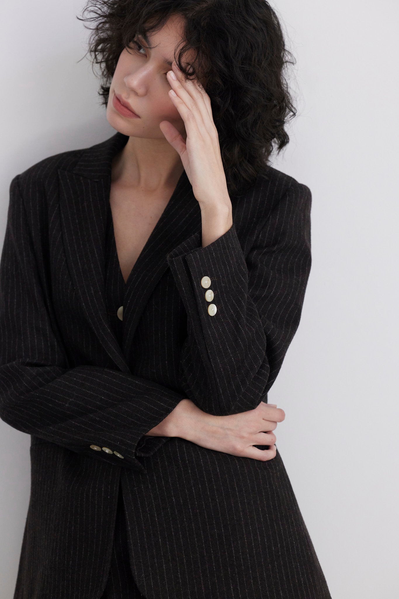 SAMPLE FW26 - Bianca Peak Lapel Blazer in Wool - Dark Chocolate Pinstripe Wool Samples CHRISTINE ALCALAY