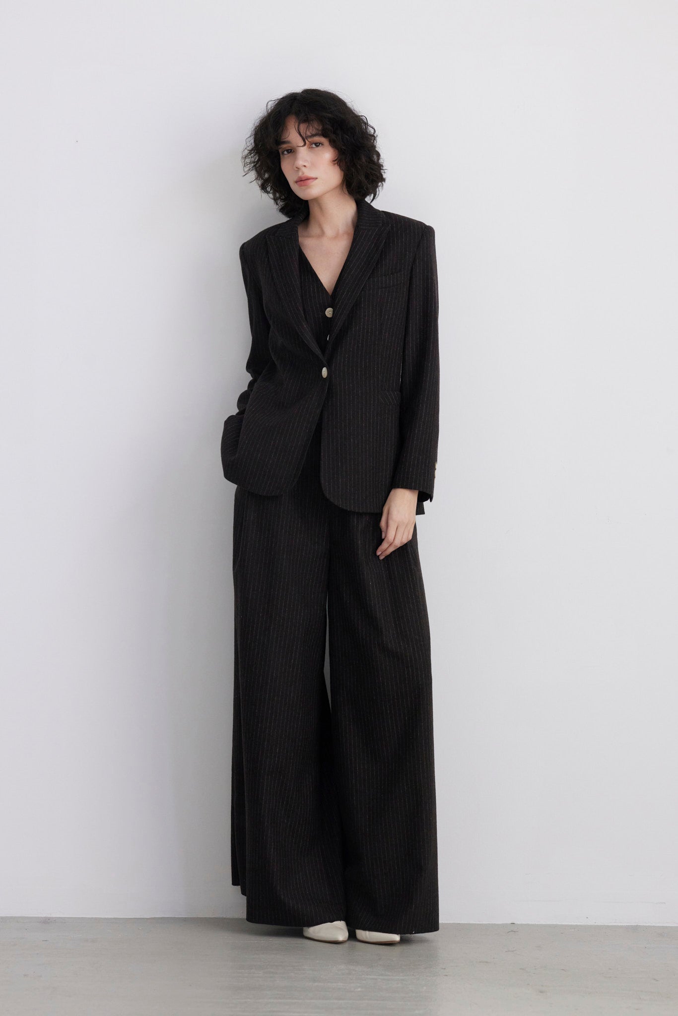 SAMPLE FW26 - Bianca Peak Lapel Blazer in Wool - Dark Chocolate Pinstripe Wool Samples CHRISTINE ALCALAY