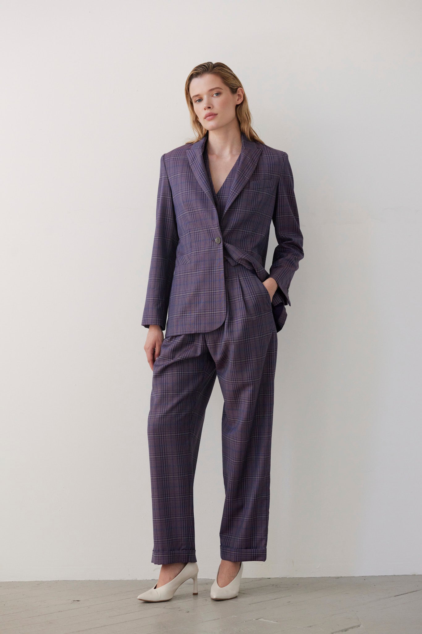 SAMPLE FW26 - Bianca Peak Lapel Blazer in Tropical Wool - Shadow Violet Plaid Samples CHRISTINE ALCALAY Shadow Violet Plaid 2