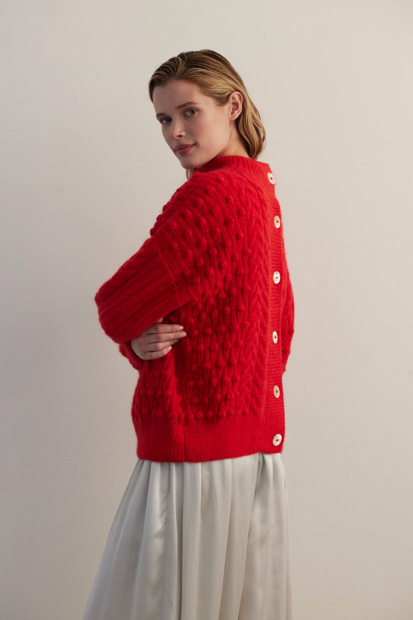 SAMPLE FW26 - Bobbie Popcorn Cardigan Sweater in Alpaca Wool - Fire Red Samples CHRISTINE ALCALAY