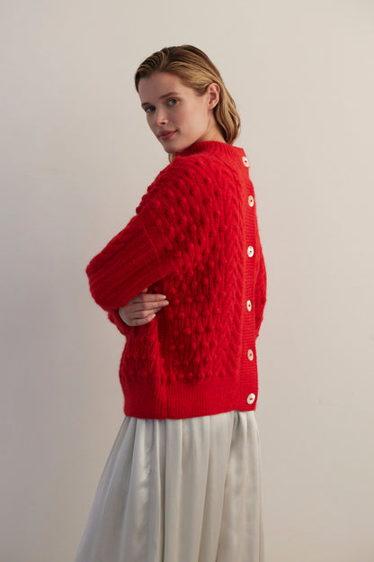 SAMPLE FW26 - Bobbie Popcorn Cardigan Sweater in Alpaca Wool - Fire Red Samples CHRISTINE ALCALAY