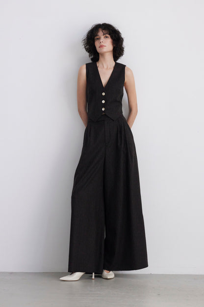 SAMPLE FW26 - Diane Tailored V Neck Vest in Wool - Dark Chocolate Pinstripe Samples CHRISTINE ALCALAY
