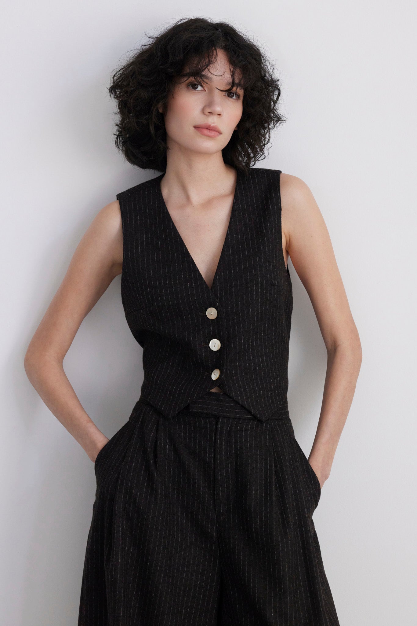 SAMPLE FW26 - Diane Tailored V Neck Vest in Wool - Dark Chocolate Pinstripe Samples CHRISTINE ALCALAY Dark Chocolate Pinstripe Extra Small