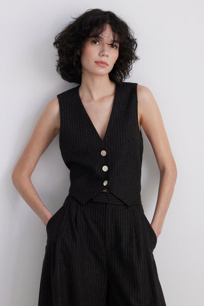SAMPLE FW26 - Diane Tailored V Neck Vest in Wool - Dark Chocolate Pinstripe Samples CHRISTINE ALCALAY Dark Chocolate Pinstripe Extra Small