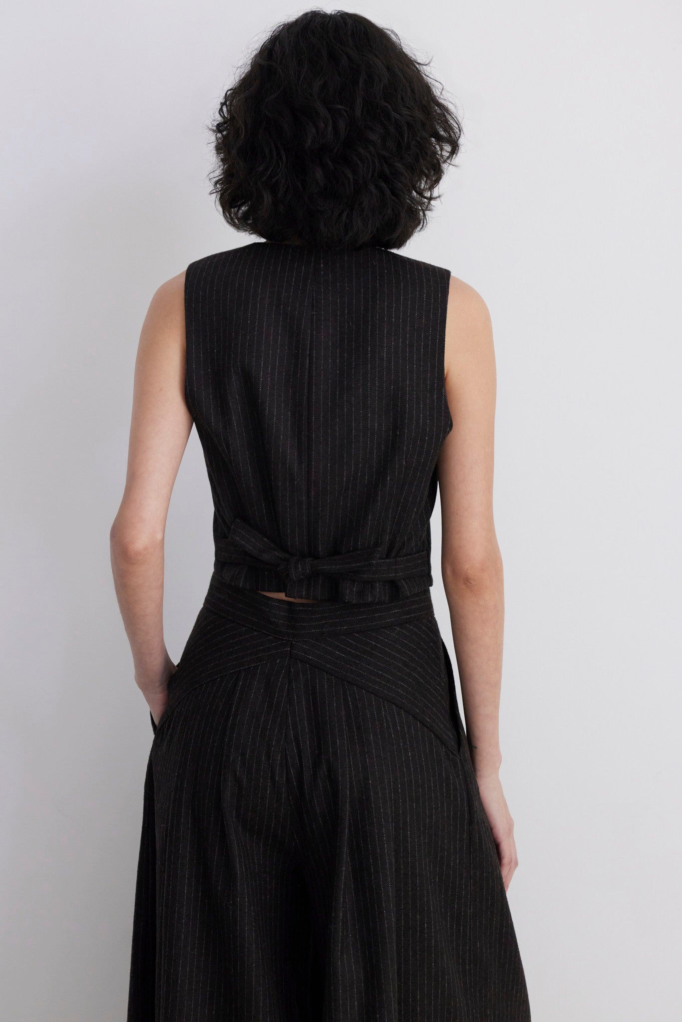 SAMPLE FW26 - Diane Tailored V Neck Vest in Wool - Dark Chocolate Pinstripe Samples CHRISTINE ALCALAY