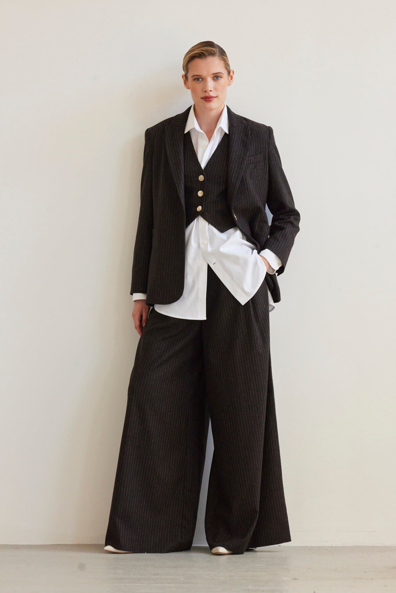 SAMPLE FW26 - Diane Tailored V Neck Vest in Wool - Dark Chocolate Pinstripe Samples CHRISTINE ALCALAY