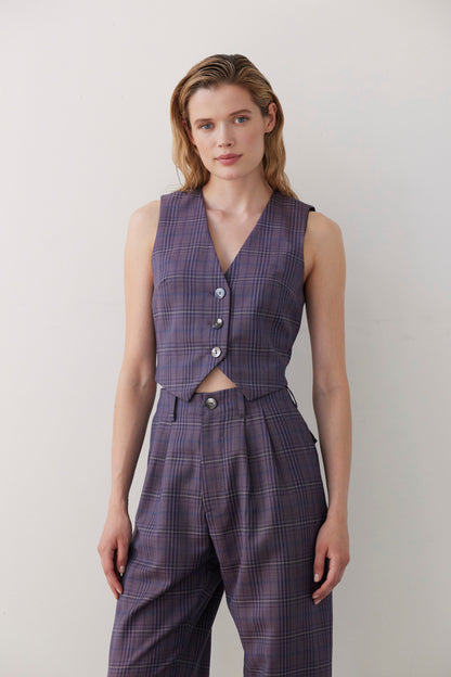SAMPLE FW26 - Diane Tailored V Neck Vest in Wool - Shadow Violet Plaid Samples CHRISTINE ALCALAY Shadow Violet Plaid Extra Small