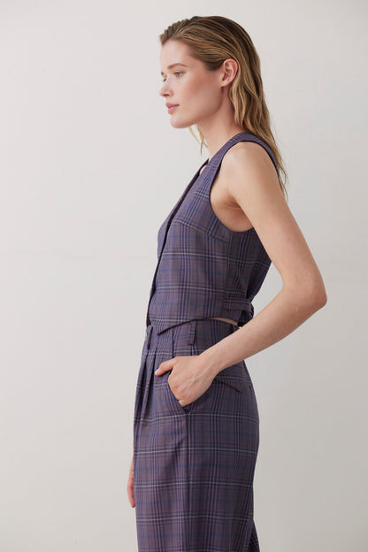 SAMPLE FW26 - Diane Tailored V Neck Vest in Wool - Shadow Violet Plaid Samples CHRISTINE ALCALAY