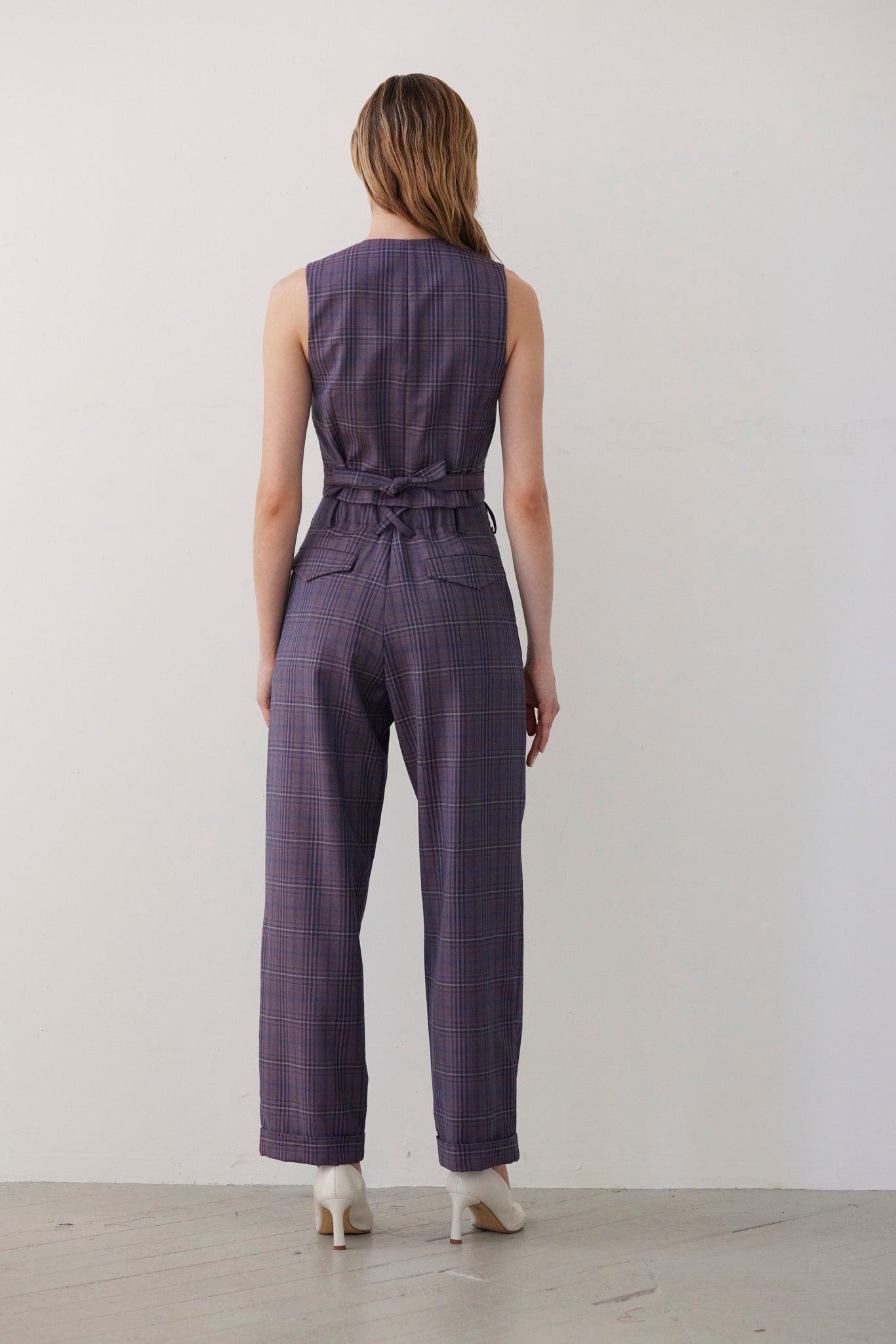 SAMPLE FW26 - Diane Tailored V Neck Vest in Wool - Shadow Violet Plaid Samples CHRISTINE ALCALAY