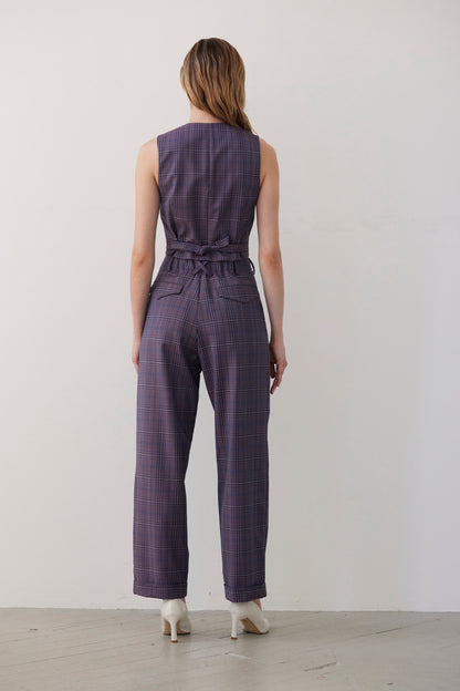 SAMPLE FW26 - Diane Tailored V Neck Vest in Wool - Shadow Violet Plaid Samples CHRISTINE ALCALAY