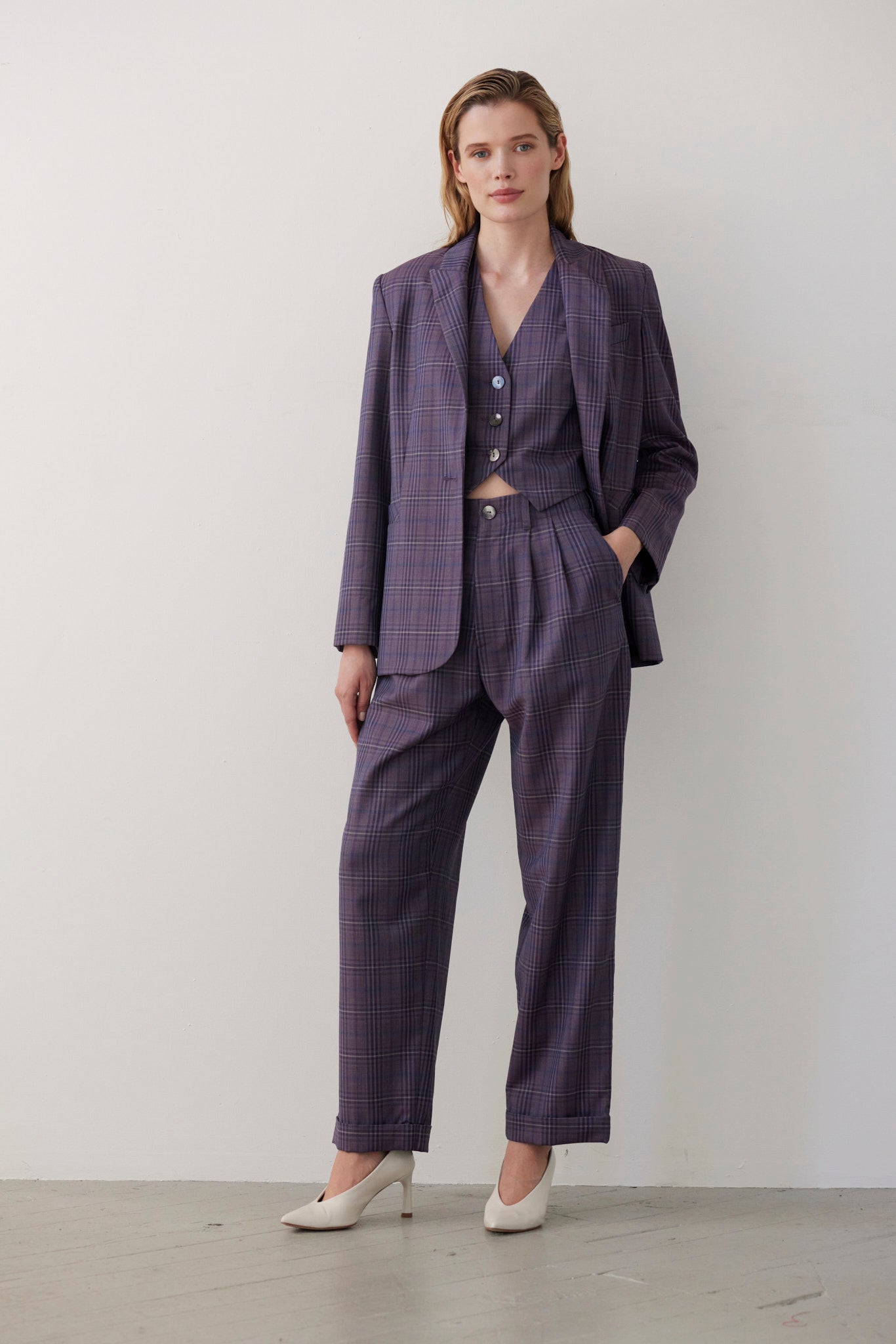 SAMPLE FW26 - Diane Tailored V Neck Vest in Wool - Shadow Violet Plaid Samples CHRISTINE ALCALAY