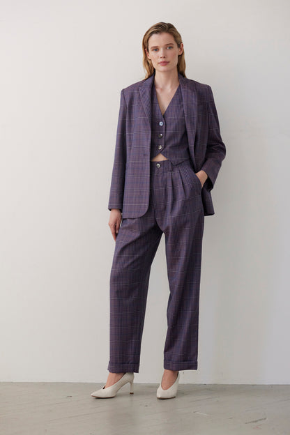 SAMPLE FW26 - Diane Tailored V Neck Vest in Wool - Shadow Violet Plaid Samples CHRISTINE ALCALAY
