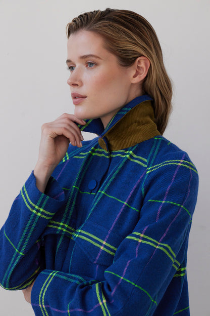 SAMPLE FW26 - Florence Jacket in Wool - Electric Blue Plaid Samples CHRISTINE ALCALAY Electric Blue Plaid Extra Small