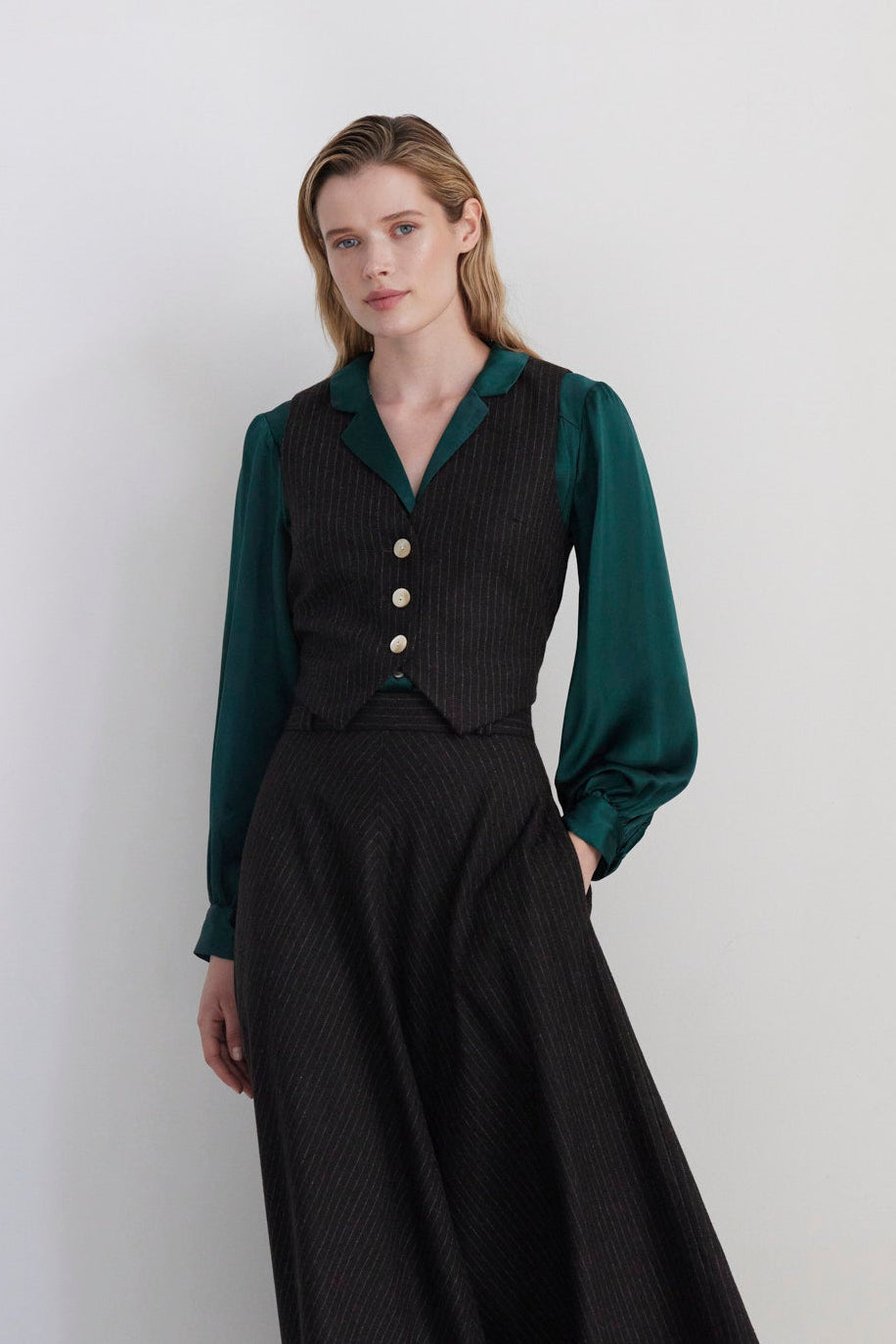 SAMPLE FW26 - Diane Tailored V Neck Vest in Wool - Dark Chocolate Pinstripe Samples CHRISTINE ALCALAY