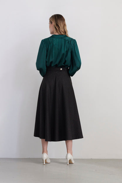 SAMPLE FW26 - Gwen Mitered Bias Skirt in Wool - Dark Chocolate Pinstripe Samples CHRISTINE ALCALAY