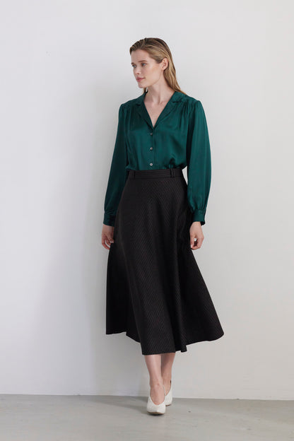 SAMPLE FW26 - Gwen Mitered Bias Skirt in Wool - Dark Chocolate Pinstripe Samples CHRISTINE ALCALAY