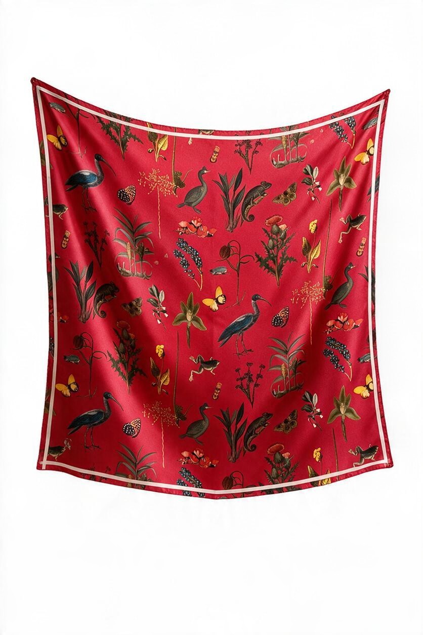 Silk Foulard: Red Audubon Print Silk Scarf CHRISTINE ALCALAY