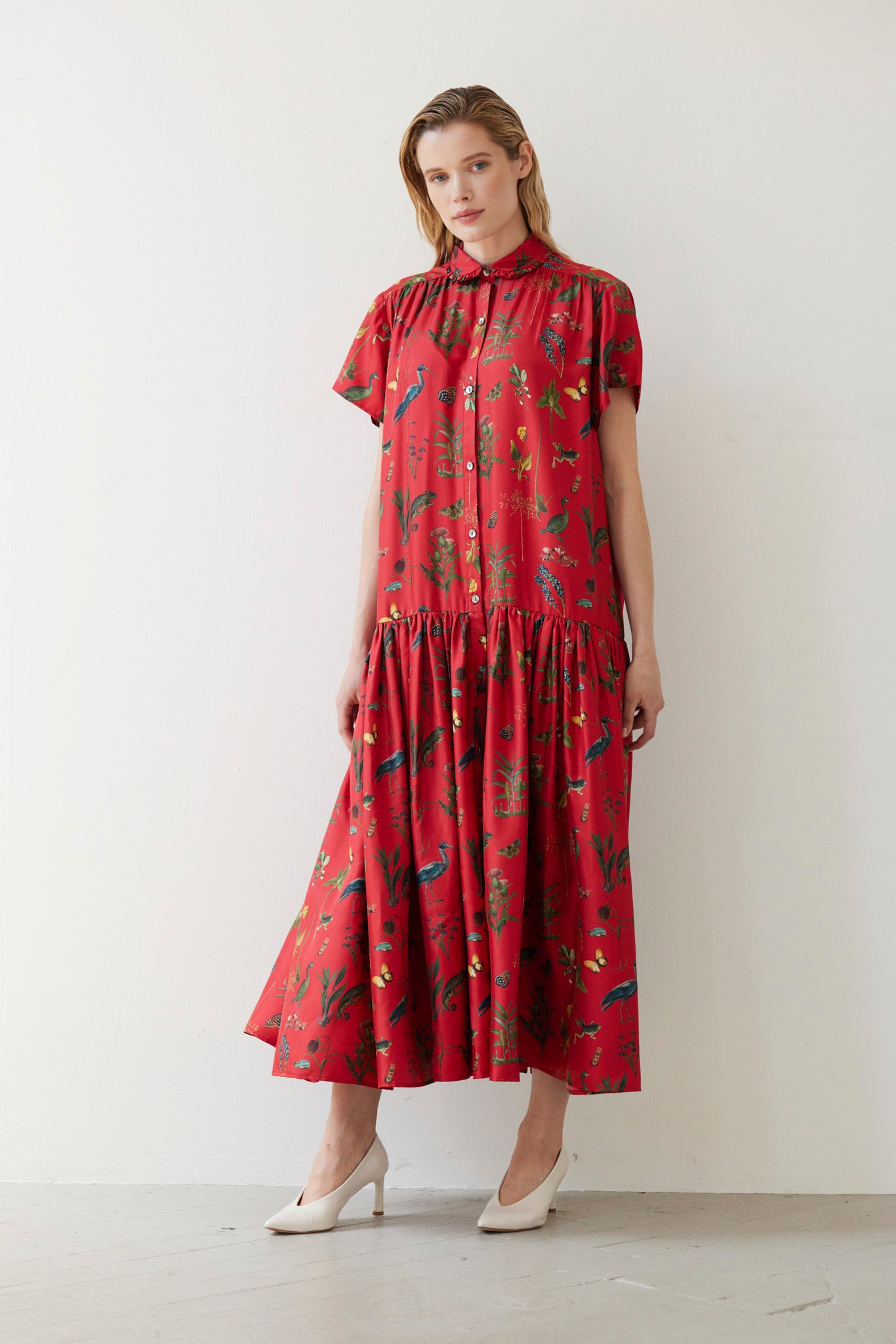 SAMPLE FW26 - Jacqueline Dress in Audubon Silk Twill - Vermillion Red Samples CHRISTINE ALCALAY Vermillion Audubon XS/S
