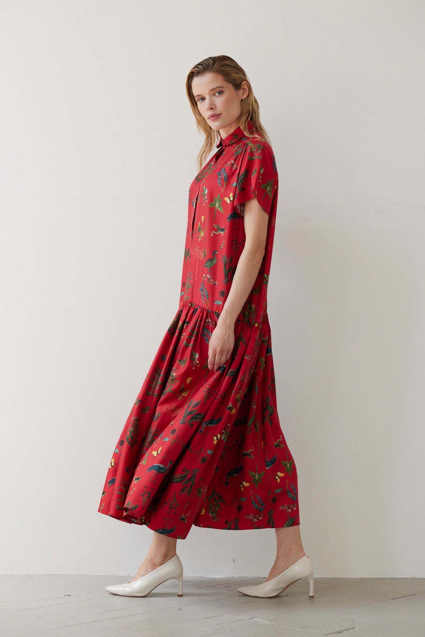 SAMPLE FW26 - Jacqueline Dress in Audubon Silk Twill - Vermillion Red Samples CHRISTINE ALCALAY