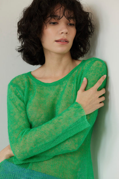 Jewel Open Knit Tee in Baby Alpaca Sweaters CHRISTINE ALCALAY Grass Green XS/S