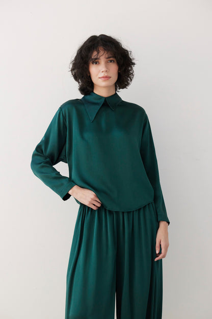 SAMPLE FW26 - Joy Blouse in Silk Charmeuse - Menagerie Green Samples CHRISTINE ALCALAY Menagerie Green Small