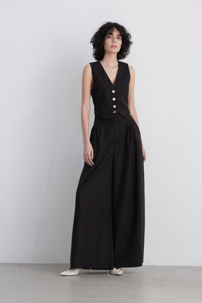 SAMPLE FW26 - Katherine Wide Leg Pant in Wool - Dark Chocolate Pinstripe, Brown Samples CHRISTINE ALCALAY Dark Chocolate Pinstripe 2