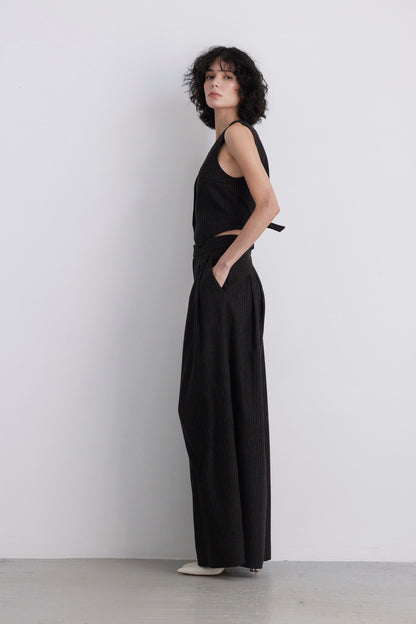SAMPLE FW26 - Katherine Wide Leg Pant in Wool - Dark Chocolate Pinstripe, Brown Samples CHRISTINE ALCALAY