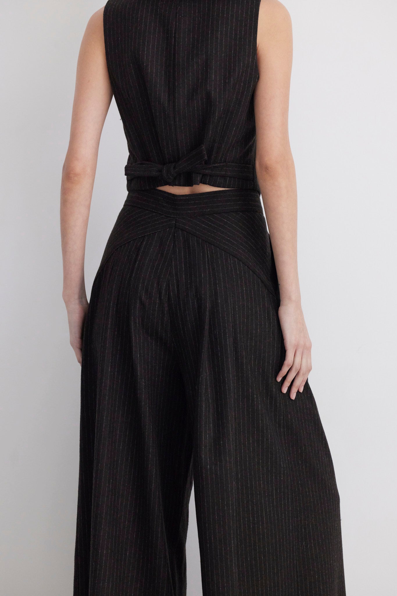 SAMPLE FW26 - Katherine Wide Leg Pant in Wool - Dark Chocolate Pinstripe, Brown Samples CHRISTINE ALCALAY