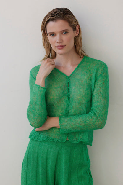 SAMPLE FW26 - Luz Open Knit Cardigan in Baby Alpaca - Grass Green Samples CHRISTINE ALCALAY Grass Green XS/S