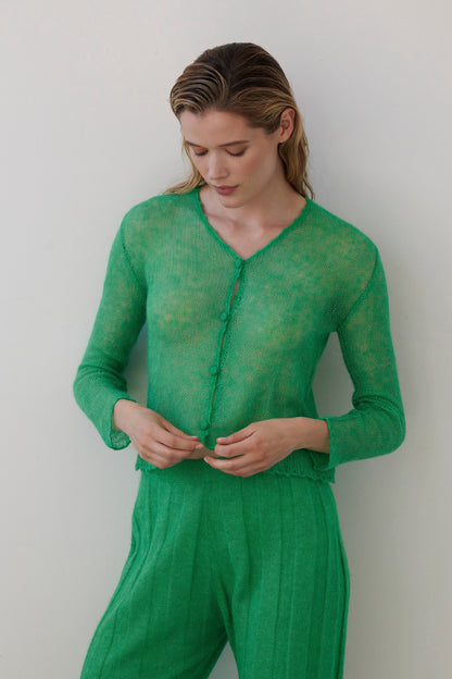SAMPLE FW26 - Luz Open Knit Cardigan in Baby Alpaca - Grass Green Samples CHRISTINE ALCALAY