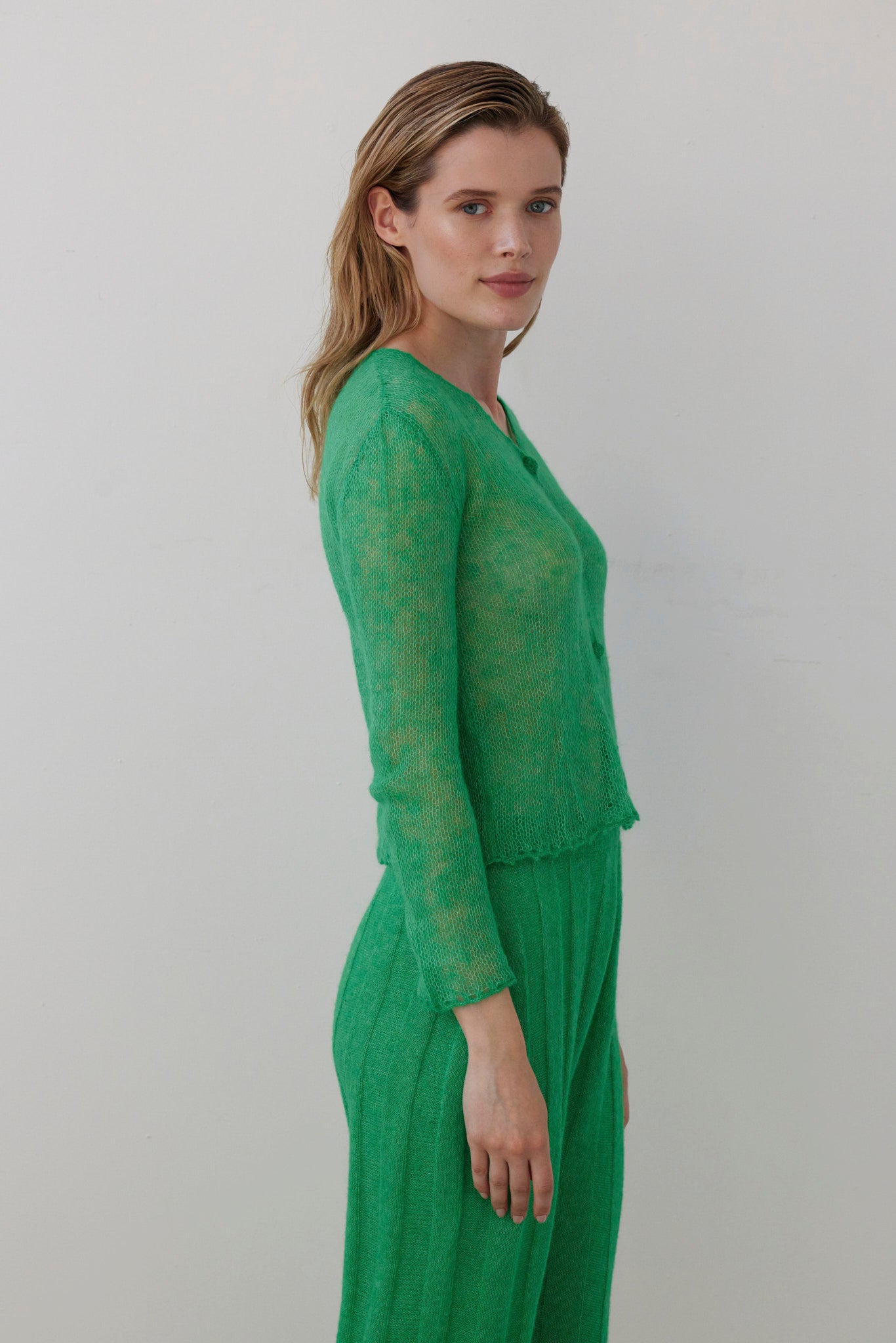 SAMPLE FW26 - Luz Open Knit Cardigan in Baby Alpaca - Grass Green Samples CHRISTINE ALCALAY