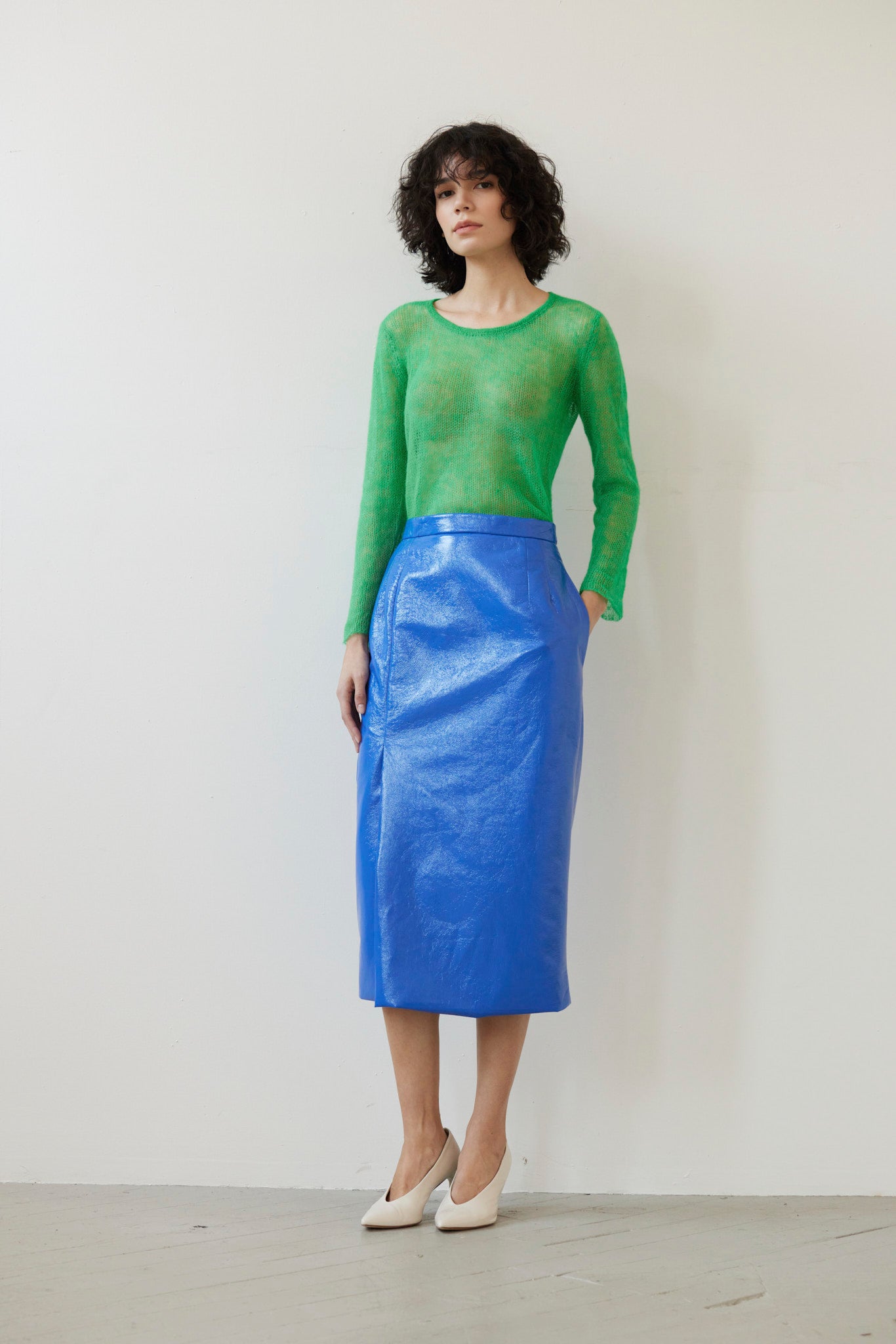 SAMPLE FW26 - Monica Midi Straight Skirt in Gloss Pleatherette - Electric Blue Samples CHRISTINE ALCALAY Electric Blue 2