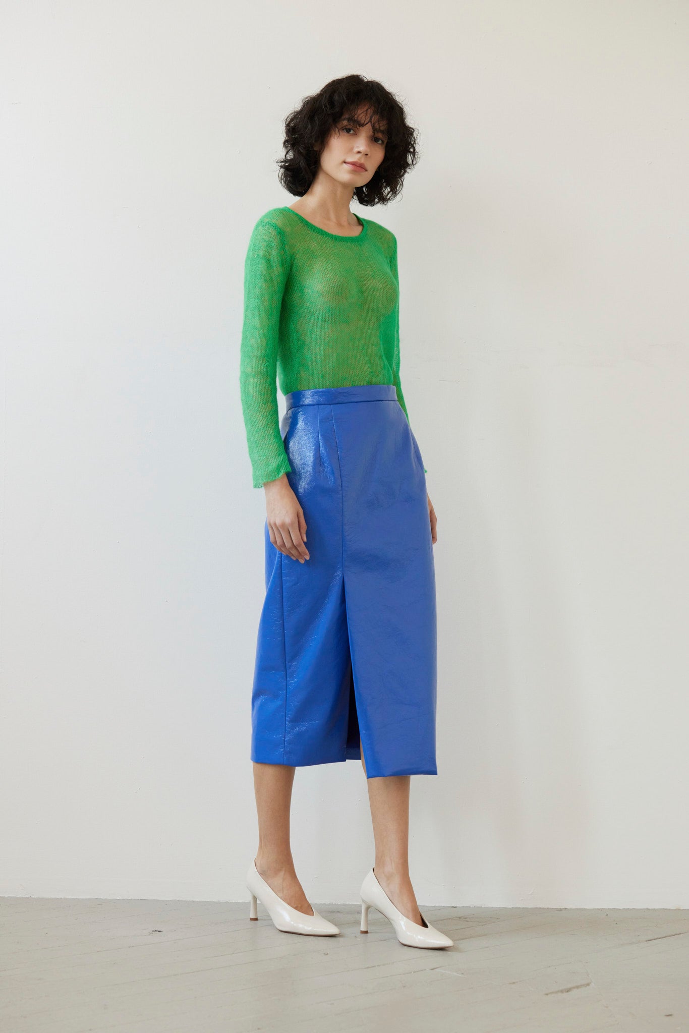 SAMPLE FW26 - Monica Midi Straight Skirt in Gloss Pleatherette - Electric Blue Samples CHRISTINE ALCALAY